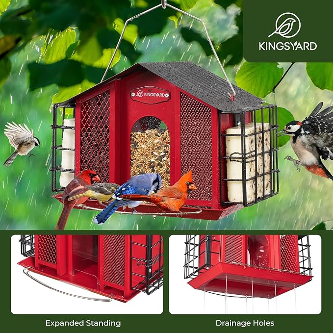 Kingsyard Large Metal Bird Feeders for Outdoors Hanging with Double Suet Cage Weatherproof Roof, 4 in 1 Suet Feeder for Woodpecker, 4 Lbs Capacity Bird Feeder House for Cardinal Finch Chickadee, Red