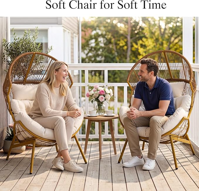 ONBRILL Egg Chair for Outdoor & Indoor, Patio Wicker Chair with Thick Cushion, Oversized Rattan Chairs for Balcony, Porch & Backyard, 550 LBS Heavy Duty & Comfy Basket Chairs for Living Room, Bedroom