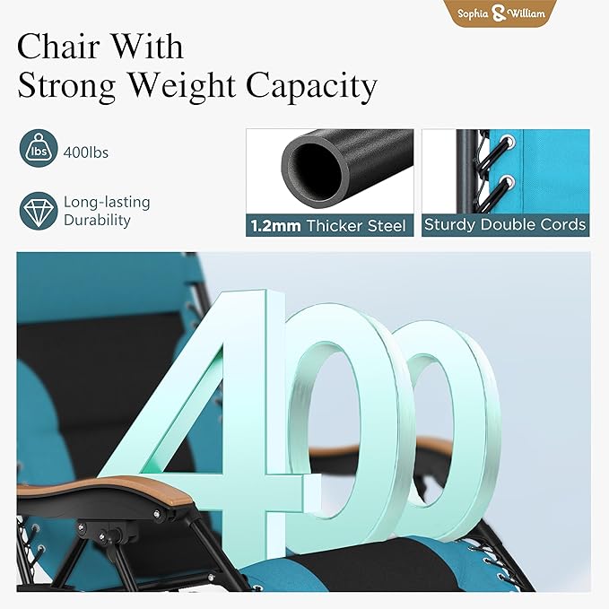 Sophia & William Oversized XXL Zero Gravity Chair Set of 2 Padded Adjustable Folding Reclining Lounge Chair Outdoor Gravity Chair with Wide Armrest and Cup Holder, Support 400 LBS, Aqua