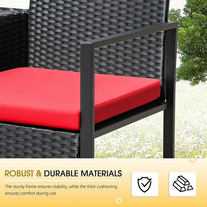 Devoko Patio Conversation Sets Outdoor Loveseat with Built-in Table & Cushions Wicker Patio Furniture Porch Chairs Bench for Lawn, Backyard, Balcony (Red)