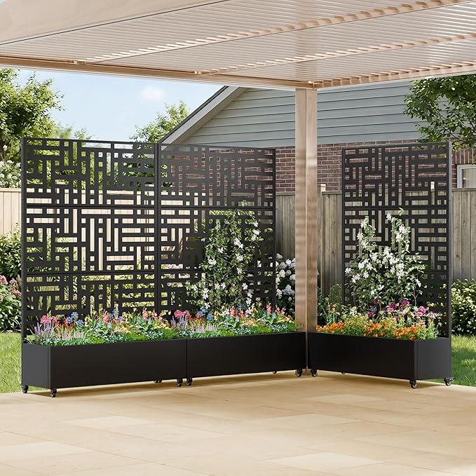 Casaphoria Metal Raised Garden Bed with Trellis and Wheels, 72"x47"x16" Planter Box for Climbing Plants, Vegetables & Vines, Features Drainage Holes and Privacy Screen (Black-Helen)