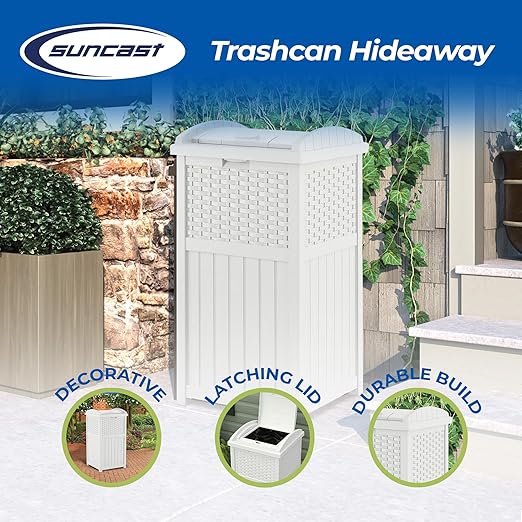 Suncast Wicker Plastic Outdoor Hideaway 33 Gallon Trash Can Bin with Latching Lid for Backyard, Deck, or Patio Use, White (2 Pack)