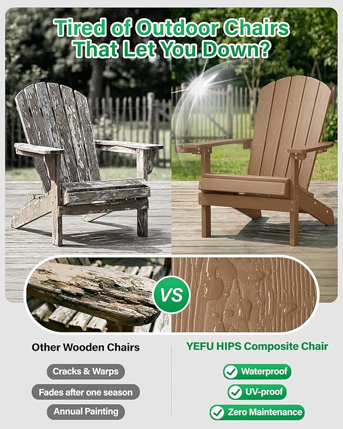 YEFU Adirondack Chair Weather Resistant: Outdoor Chair HIPS Plastic Adirondack Chairs - Patio Chairs with Cup Holder & Wood Texture - Lawn Fire Pit Deck Porch Garden Chairs for Adults (Teak)