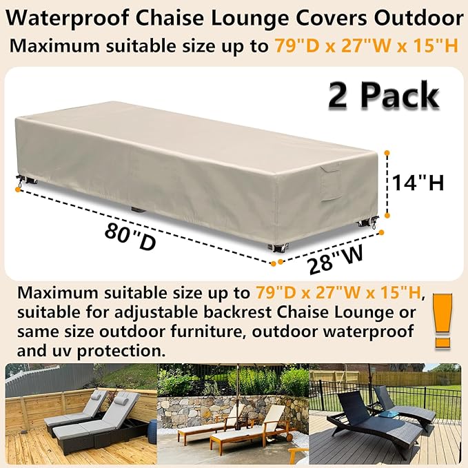 Outdoor Chaise Lounge Cover 2 Pack Patio Lounge Chair Covers Waterproof 600D Weather Resistant Material, UV Protection, Windproof Design Outside Furniture Covers 80" x 28" x 14" H,Beige