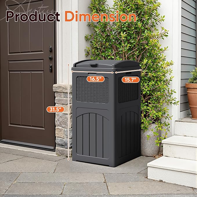 YESHOMY 33 Gallon Resin Outdoor Trash Can with Lid, Hideaway Waterproof Patio Garbage Bin, Gray