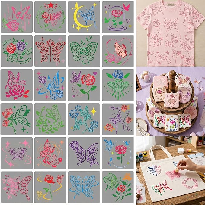 Garden Butterfly Theme Pattern Stencils Templates, Garden Butterfly Flower 24Pcs Designs Stencils for DIY Baking Cookies, Crafts, Wall, Canvas, Paper, Fabric, Manuscript, Cards Decorating Tools