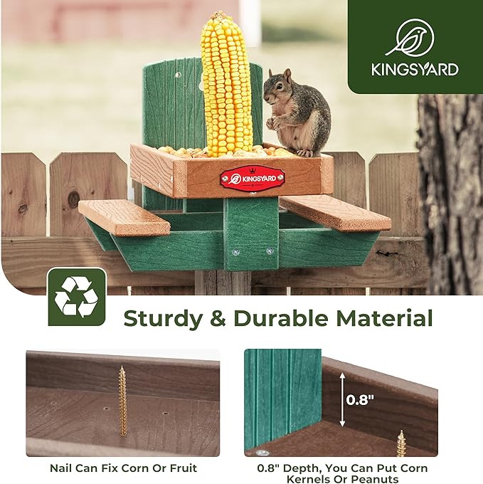 Kingsyard Squirrel Feeder Table for Outside, Recycled Plastic Squirrel & Chipmunk Picnic Table Feeder with Corn Cob Holder, 2 x Solid Structure Benches, Easy to Clean (Green)