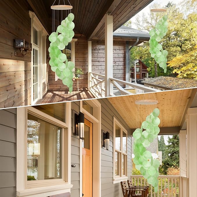 Green Gradient Spiral Shape Capiz Shells Windchime,Shell Wind Chimes for Outside,Coastal Wind Chimes for Indoor/Outdoors,Seashell Wind Chimes,Best Hanging Decor for Balconies,Garden,Yard,Beach