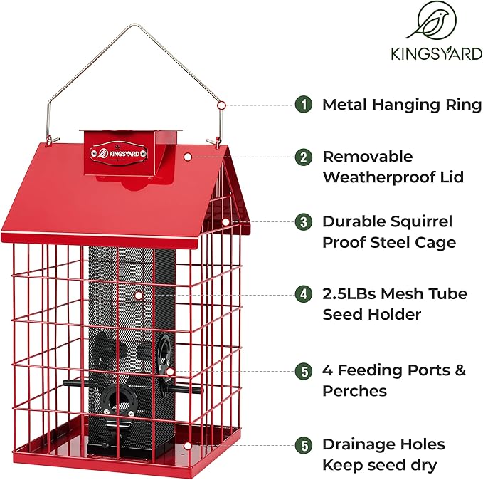 Kingsyard Squirrel Proof Caged Bird Feeder for Outdoor Hanging - Weatherproof Metal Mesh Tube Finch Bird Feeder with 4 Ports for Nyjer/Thistle Seed, Small Birds Goldfinches, Chickadees, Red