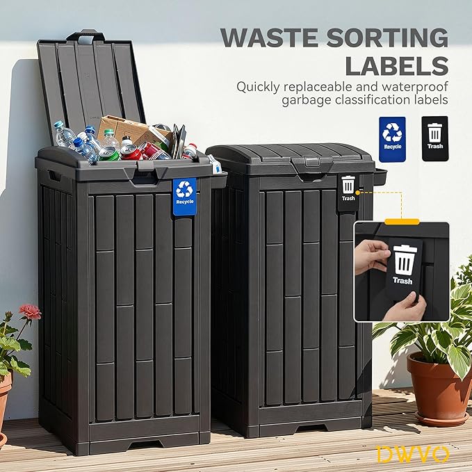 DWVO 38 Gallon Outdoor Trash Can, Set of 2 Resin Garbage Bins with Lids, Includes 2 Sorting Labels, Ash Holder, Stakes & Suction Cups, Hideaway Storage for Patio Backyard Garden, Black