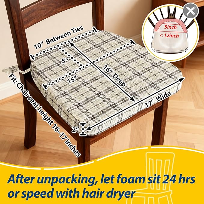 AAAAAcessories D-Shaped Chair Cushions, 2" Thick Dining Chair Pads with Ties and Removable, Machine-Washable Cover, 17" x 16", Set of 4, Yellow Checkered