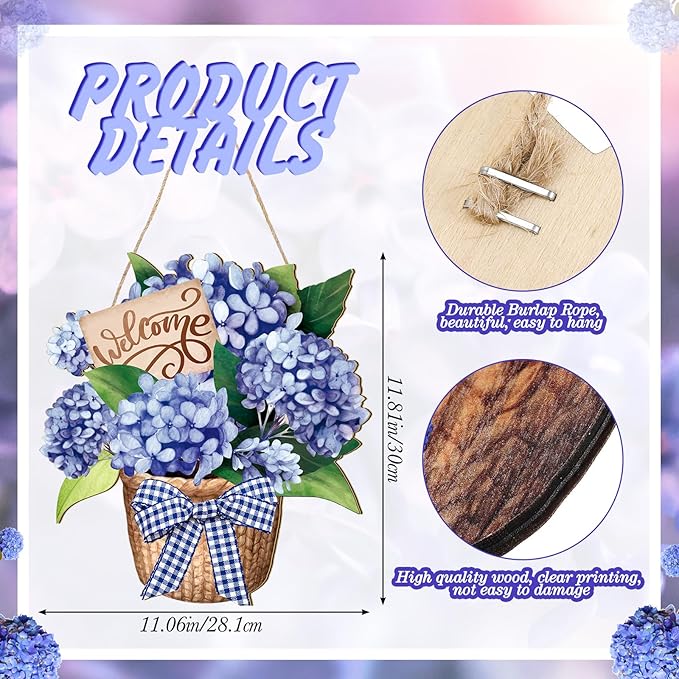 Barydat Spring Door Sign Blue Hydrangea Wreaths Flowers Spring Door Hanger Rustic Easter Welcome Hanging Wreath for Summer Front Indoor Home Porch Wall Windows