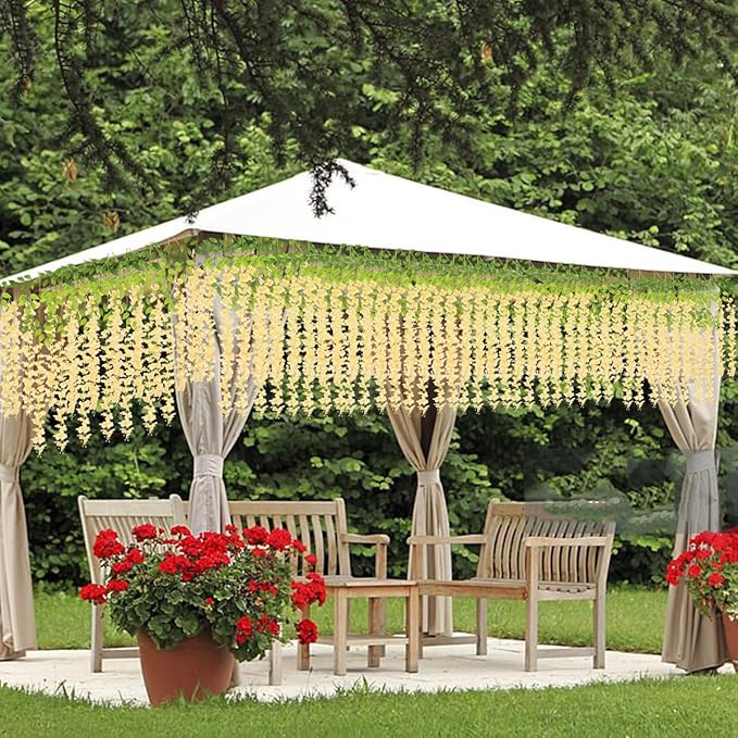 Artificial Wisteria Hanging Flowers-Fake Wisteria Flower Garland Silk Vines Rattan Decor for Home Wedding Arch Wall Garden Greenery Bedroom Outdoor Office Party Decoration (12, Champagne)