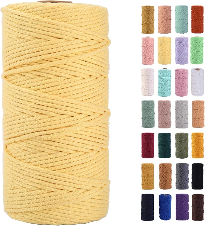 Light Yellow Macrame Cord 3mm x 109Yards,Colored Cotton Rope Colorful Cotton Cord Soft Craft Cord Twine for Wall Hanging Plant Hangers Crafts Decorative Projects