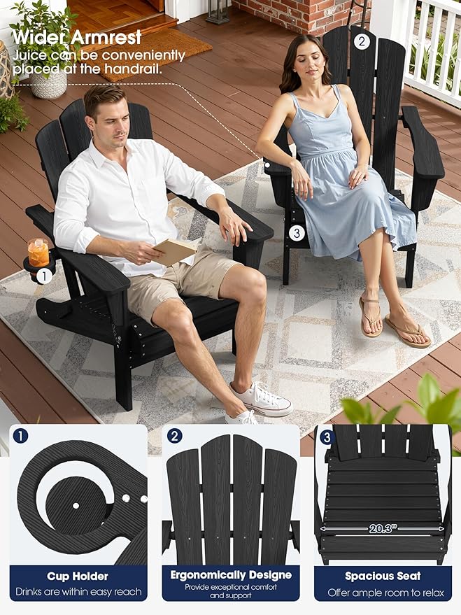 KINGYES Folding Adirondack Chair Set of 2, HDPE All-Weather Patio Chairs with Cup Holder, Wooden Textured Fire Pit Chairs for Poolside, Backyard, Deck, Black
