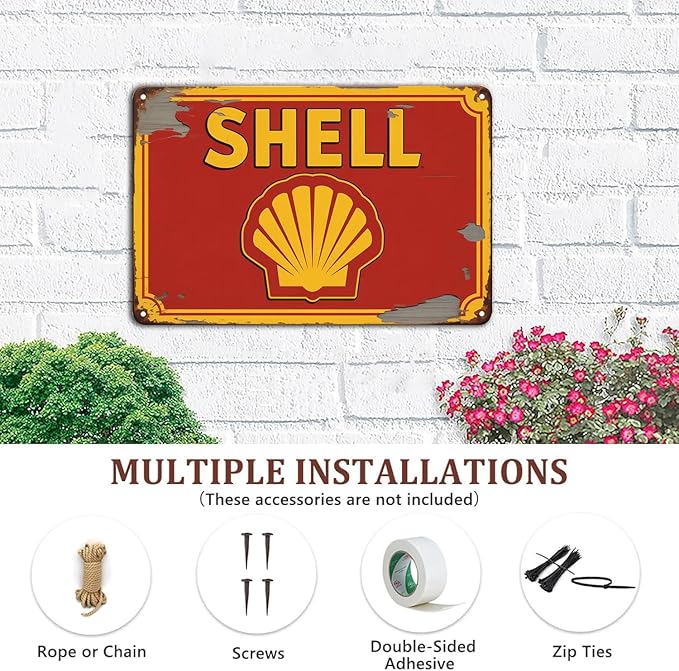Shell Gas Station tin sign Vintage Fuel and Gasoline Metal Sign Print Aesthetic for Garden Yard Bar Porch Home Bedroom Kitchen Wall Decor Gift 8 x 12 in