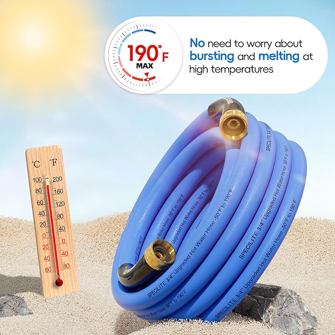 SPECILITE Female to Female Hot/Cold Garden Water Hose 20 ft x 3/4 Inch for Hose Reel, -50℉To 190℉, Heavy Duty, Flexible, Burst 605 Psi, Rubber Extension Pipe with 3/4" Brass Fittings
