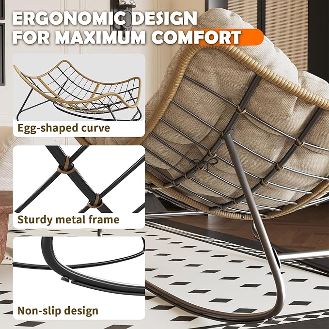 Outdoor Rocking Chair, Indoor Papasan Chair, Oversized Egg Rocking Chair with Thick Cushion, Rattan Wicker Rocker Lounge Chair for Bedroom, Living Room, Patio, Garden, Porch (Beige)