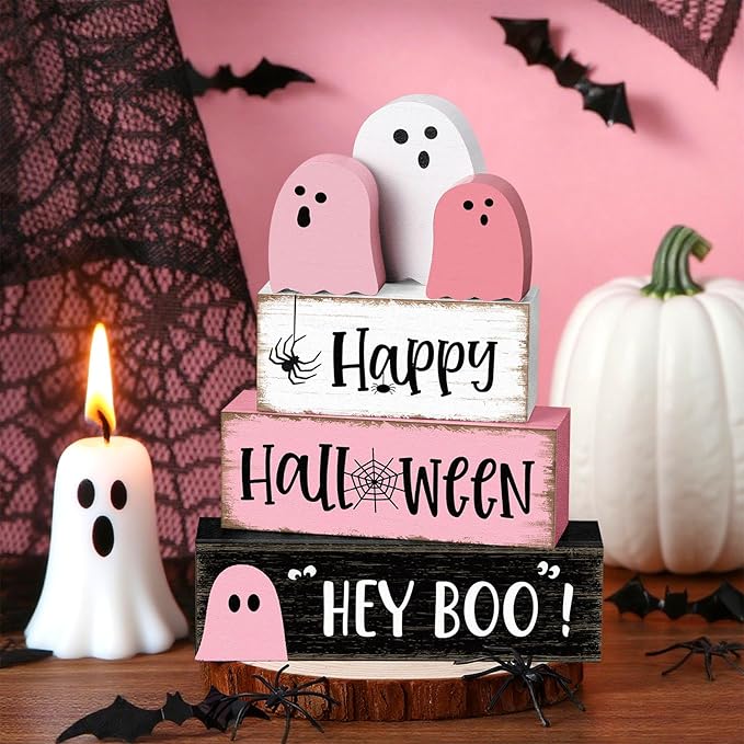 6 Pcs Pink Ghost Halloween Decorations Indoor Pastel Pink Ghost Table Decor Wooden Signs Cute Blocks Rustic Halloween Tiered Tray Decor for Home Office Desk Shelf Mantel