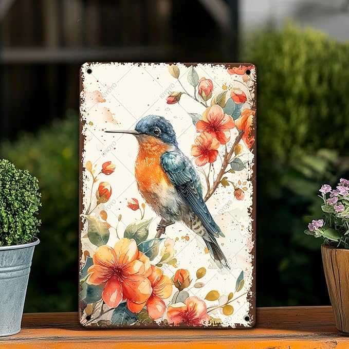 Vintage Tin Sign Hummingbird Watercolor Colorful Bird Metal Sign Hummingbird Art Decor for Home Garden Kitchen Office 16x12 Inch