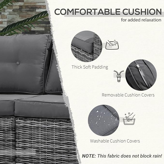 Outsunny 2 Piece Patio Wicker Corner Sofa Set, Outdoor PE Rattan Furniture, with Curved Armrests and Padded Cushions for Balcony, Garden, or Lawn, Gray