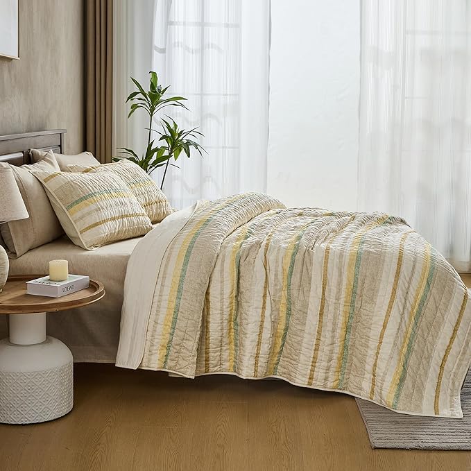 Wonderful 100% Cotton Quilt Set Queen Size Striped Fall Bedding, Natural Dyed Cozy & Breathable Coverlet, Soft Pre-Washed Bedspread (Light Yellow/Green)