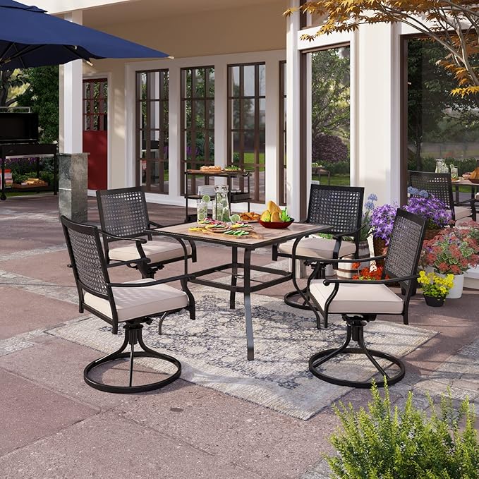 PHI VILLA Outdoor Conversation Furniture Set of 5 Piece Patio Dining Set for 4 Dining Swivel Chair with Cushion and Modern Patio Wood-Like Dining Table with Umbrella Hole for Outdoor Yard,Bistro