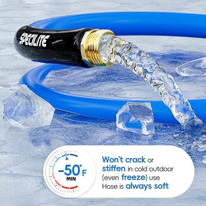 SPECILITE Hot/Cold Garden Water Hose 75 ftx 5/8 in, -50℉ To 190℉, Heavy Duty, Flexible, Burst 605 Psi, Lightweigh, Upgraded Rubber Pipe with 3/4" Brass Fittings For Backyard, Outdoor, Farm, Blue