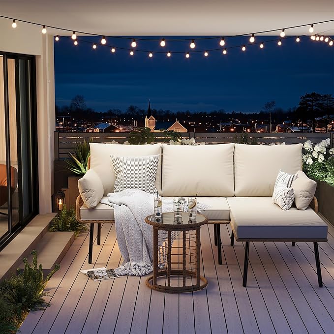IDEALHOUSE 3-Piece Patio Furniture Set, All Weather Rattan Sofa with Tempered Glass Coffee Table and Thick Cushions, Sectional L-Shaped Patio Furniture for Deck, Poolside, Backyard, or Porch, Beige