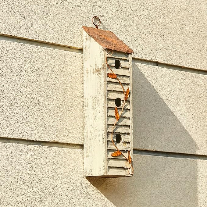 Glitzhome 18" H Wooden Bird House, Hanging Birdhouses for Outdoors, Washed White Distressed Three-Story Cottage Garden Bird House for Chickadee Cedar Wren Sparrow Finch Cardinal