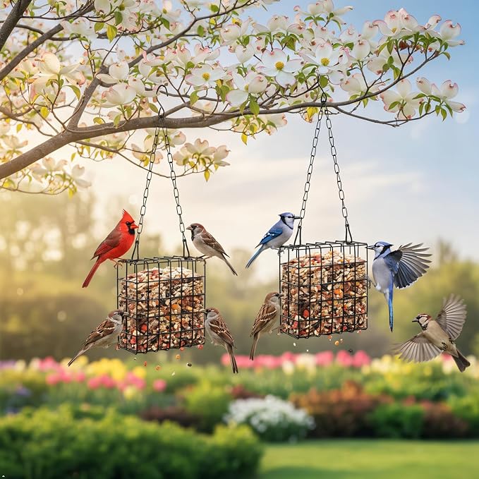 2-Pack Metal Suet Feeder Cage - Easy Fill Wire Mesh for Suet Blocks, Fruit & Birdseeds - Year-Round Outdoor Hanging Bird Feeder