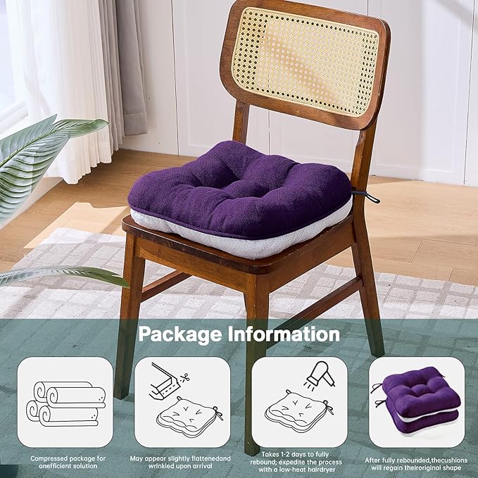 BETU Chair Cushions for Dining Chairs Set of 4,3.5" Thick Kitchen Table Chair Pads with Ties,Non Slip Backing and Covers, Seat Cushion for Dining Room,Bar,Patio Chairs,16"X16"X3.5",Dark Purple