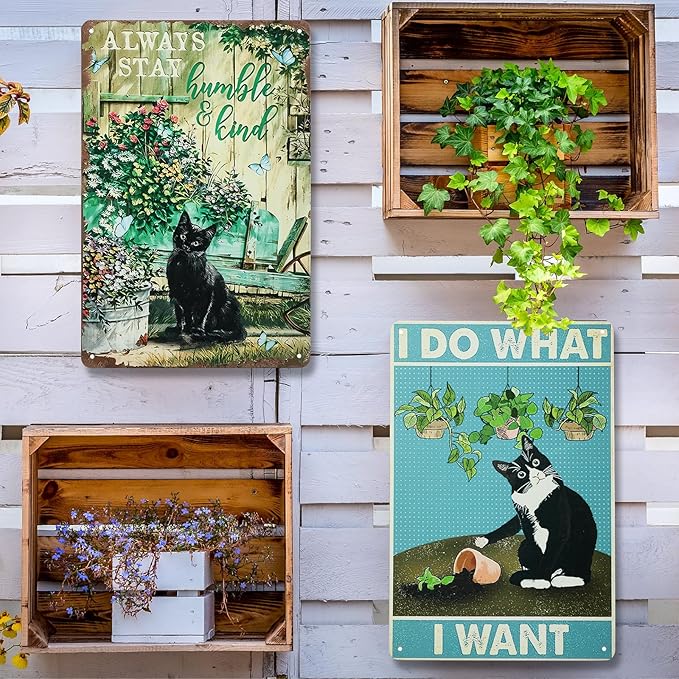 2 Pcs Funny Metal Tin Garden Sign 12'' x 8'' Gifts for Plant Lovers Women Grandma Mom Garden Decor Metal Tin Sign for Farmhouse Greenhouse Patio Yard Wall Decor Indoor Outdoor(Cute Cat)
