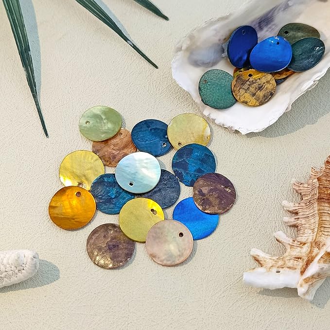 Firstmeet Shell Beads 150pcs Natural 15mm Flat Round Mussel Shell Coin Drop Charm Beads with Iridescent Back for Handcraft Jewelry Making(DIY-1023-Forest Mix-15)