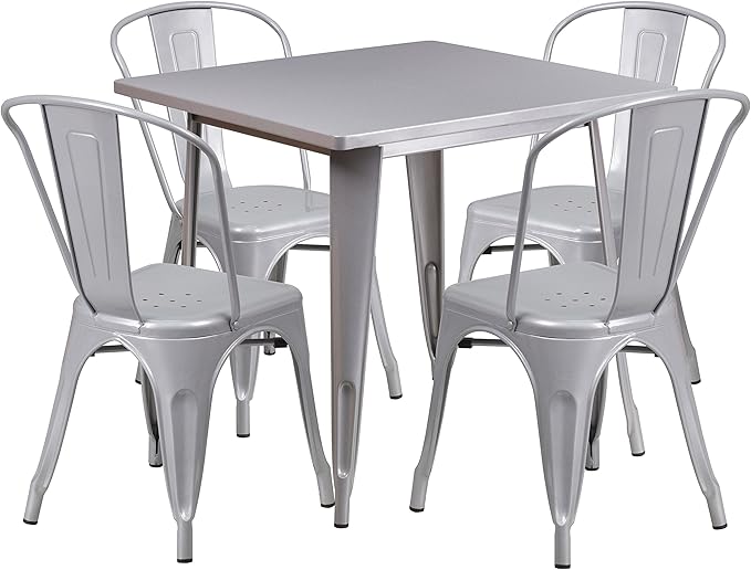 EMMA + OLIVER Commercial 31.5" Square Silver Metal Indoor-Outdoor Table Set-4 Stack Chairs