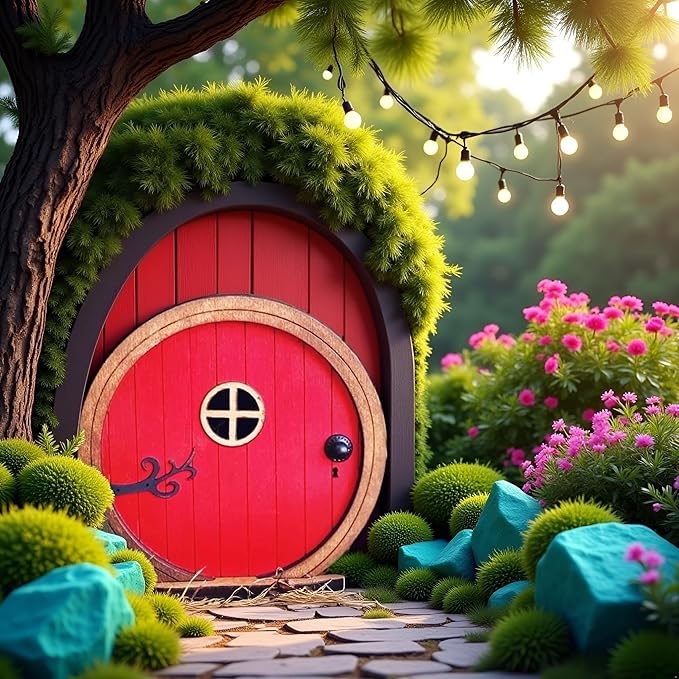 Red Fairy Garden Door for Tree, Fairy Doors for Trees Outdoor & Tree Trunk, Mini Fairy Garden Sculpture Lawn Ornament Decor, Fairytale Tiny House Doors Mini Gift, Fairytales Door Decoration