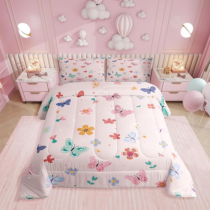 Erosebridal Kawaii Butterfly Queen Bedding Set,Cute Pink Floral Comforter Set for Girls Kids,Coquette Flower Garden Comforter,Pink Girly Princess Bedroom Room Decor,2 Pillowcases Lightweight