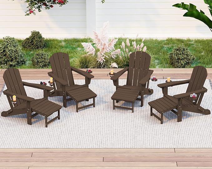 KINGYES Folding Adjustable Adirondack Chair with Ottoman Set of 4, HDPE Adirondack Recliner Chair with Footrest, Coffee