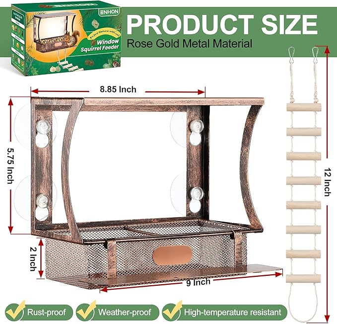 Enhon Window Squirrel Feeder, Metal Squirrel Feeders for Outside Winter with Strong Suction Cups & Ladders, Safe Funny Chipmunk Feeder, Feeding Shelter for Squirrels for Corn Peanuts