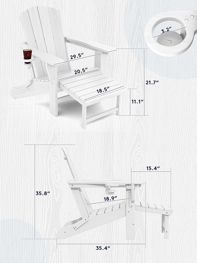 KINGYES Folding Adjustable Adirondack Chair with Retractable Ottoman Set of 6, HDPE All Weather Chair with Cup Holder - Recliner Adirondack Chair, White