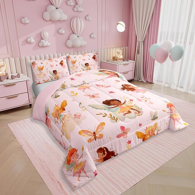 Erosebridal Pink Fairy Queen Comforter Set - Butterfly Floral Cute Bedding Sets for Girls Kids, Fairies Garden Flowers Bed Set | Aesthetic Flower Princess Room Decor with 2 Pillowcases