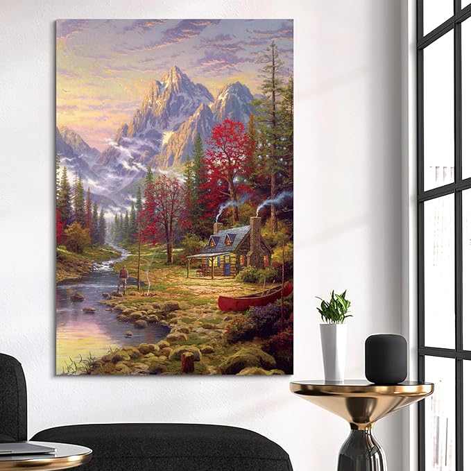 STUDIO HAVEN Thomas Kinkade Canvas Wall Art, Cozy Riverside Home Fishing Figure Red Canoe Sunset Oil Painting Poster Rustic Wilderness Wall Decor, Framed Prints for Home Decor, 20x28Inch