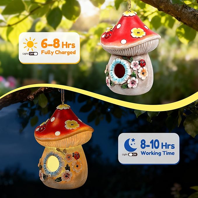 Garden Bird Houses for Outside with Solar Light, Bird Houses for Outside Hanging, Decorative Mushrooms Birdhouse for Bluebird Hummingbird Sparrow, Hummingbird Gifts for Women