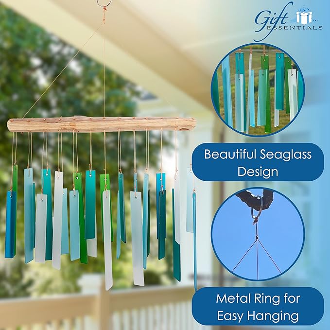 Blue Handworks Sea Glass and Driftwood Chime - Sandblasted Glass and Found Wood Hand Crafted Wind Chime
