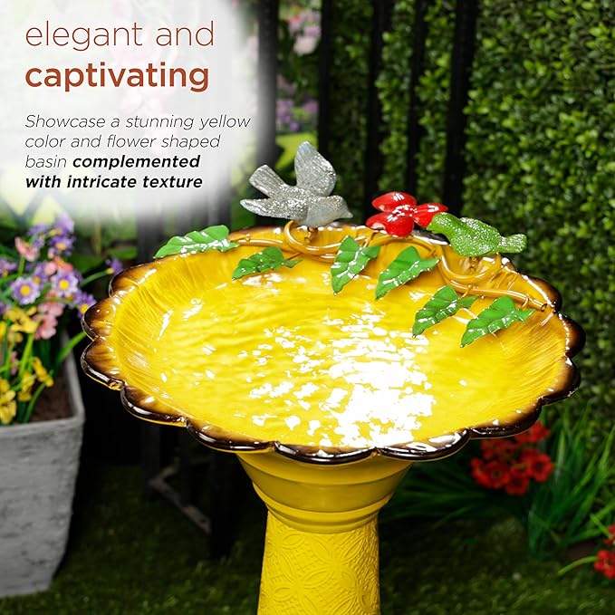 Alpine Corporation ORS112YL Vintage Metal Pedestal Birdbath with Stand, Shallow Bird Bath Bowl for Outside, 28" H, Yellow