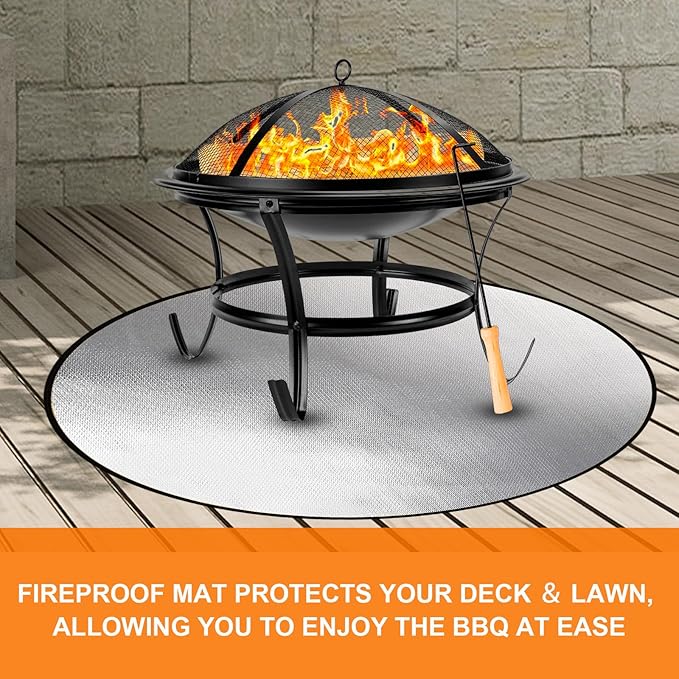 DocSafe 36" Round Fire Pit Mat for Solo Stove Bonfire,4-Layer Double-Sided Fireproof Heat Insulated Under Grill Mat Protector for Deck,Patio,BBQ,Oil-Proof and Reusable and Waterproof,Black＆Silver
