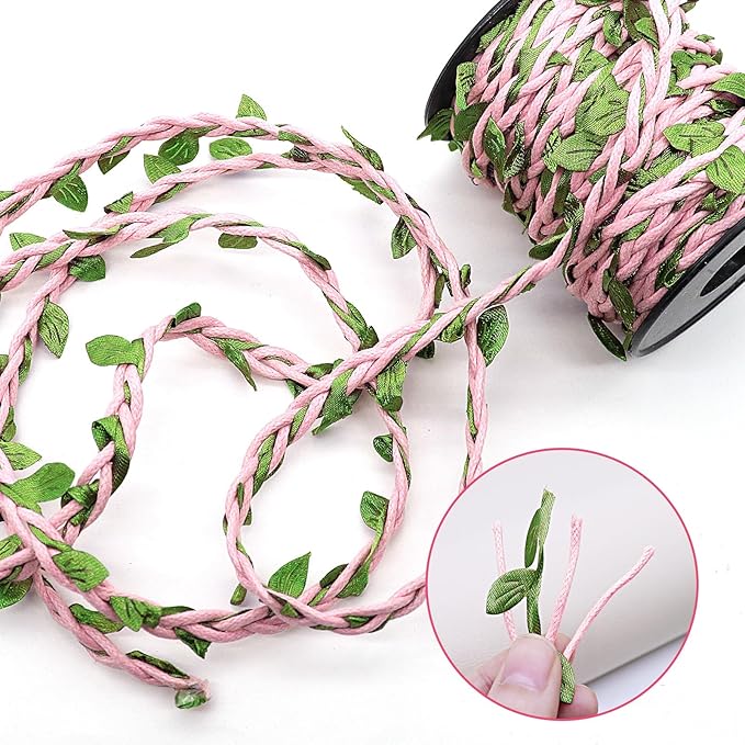 33ft Waxed Twine with Green Leaves, 3-ply Waxed Cord, Artificial Leaves Waxed String for Crafts and Decor (Pink Waxed Twine)
