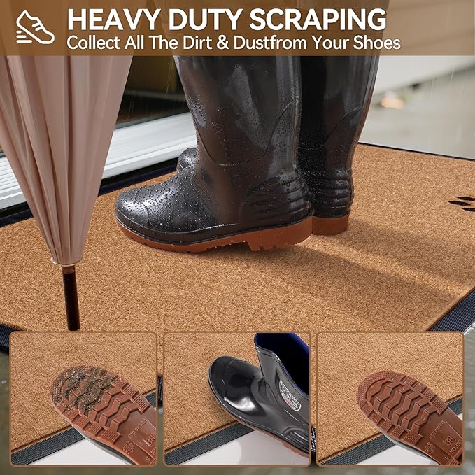 Dirt Trapping Outdoor Welcome Mats, 31x47 Durable Non-Slip Door Mat Outside Entrance, Low Profile Easy Clean Doormat for Patio Porch Front Indoor Entryway, Brown