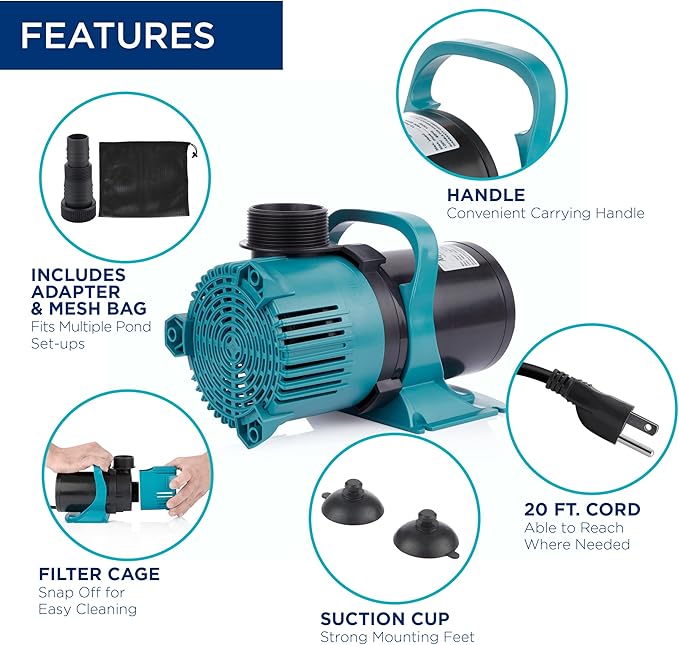 Alpine Corporation 5600 GPH Vortex Submersible Water Pump 20 Ft Cord for Ponds, Fountains and Water Circulations, Quiet Operation Vertical/Horizontal, 22.5 Ft Lift 324 Watts, Black/Teal