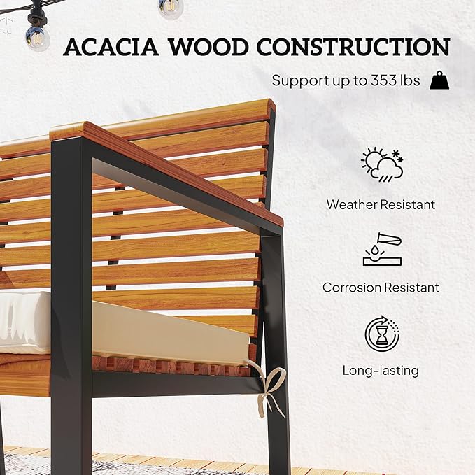 Outsunny Outdoor Rocking Chair Set of 2, Acacia Wood Outdoor Rockers with Armrests, Cushion, Patio Wooden Rocking Chair Set for Garden, Balcony, Porch, 353 lbs. Capacity, Cream White